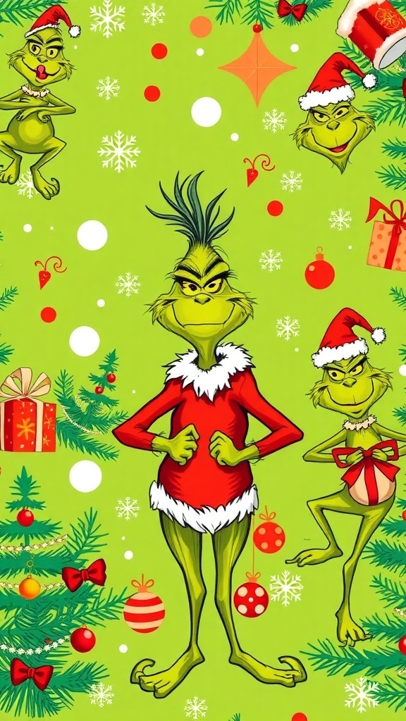 Grinch Christmas Wallpaper Design Grinch Christmas wallpaper design with colorful illustrations of the Grinch, Christmas trees, and ornaments.